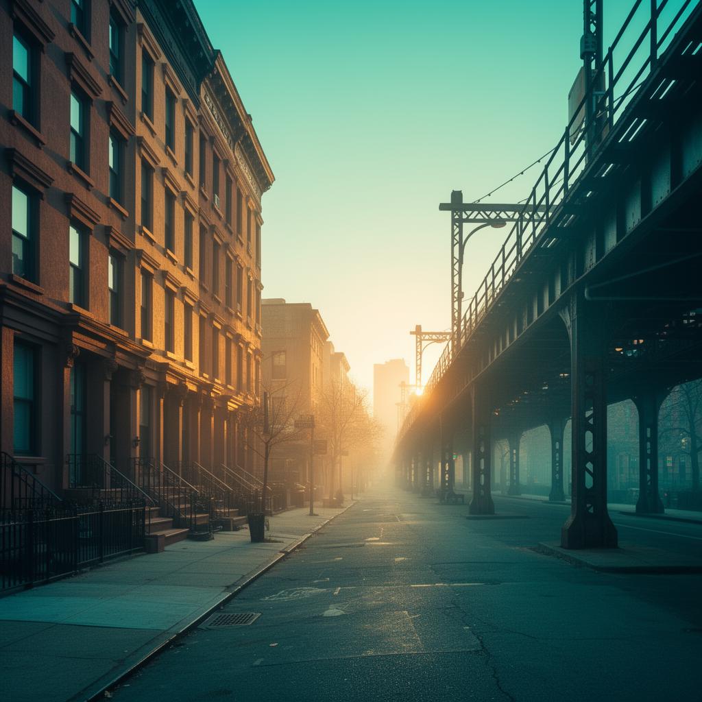 A Queens, NYC street at golden hour with elevated subway tracks